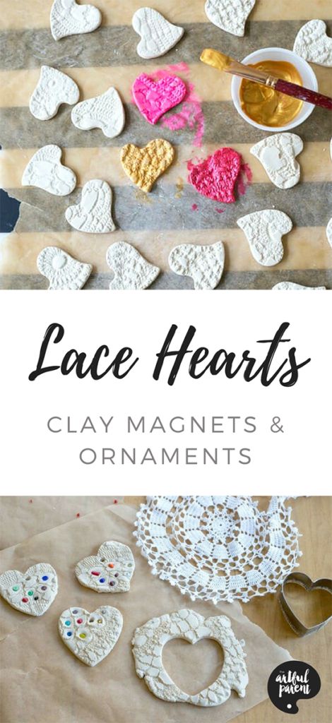 How to make lace hearts for homemade heart ornaments or magnets. These air dry clay hearts are printed with doilies for a beautiful lace texture effect. Makes a wonderful Valentine's Day gift! #valentinecraft #valentinesday #kidscrafts #heart #handmade #valentinesdaygiftideas #clay Crayola Air Dry Clay, Lace Hearts, Clay Hearts, Lace Texture, Clay Crafts For Kids, Clay Magnets, Air Dry Clay Projects, How To Make Clay, Lace Heart