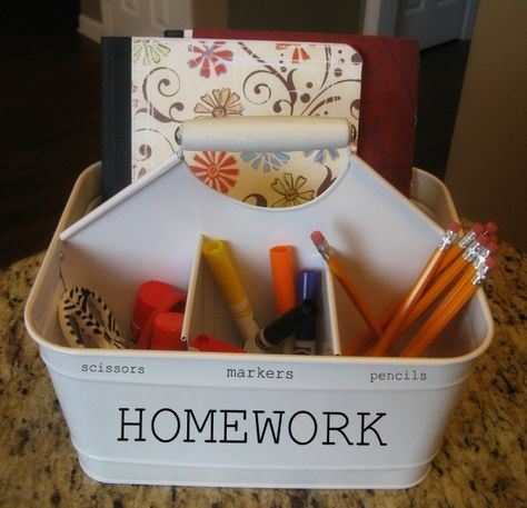 portable homework supply station, Save The Phillips Family Lunch Packing Station, Homework Caddy, Organization Bins, School Paper Organization, Homework Area, Homework Organization, Homework Station, Kids Homework, School Homework