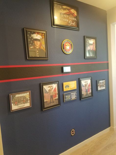 Marine Corps Room Ideas, Marine Corps Decor, Marine Corps Home Decor, Crucible Table Ideas, Military Office Decor Ideas, Marine Room Decor, Military Wall Decor Ideas, Military Decorating Ideas, Marine Corps Wall Decor