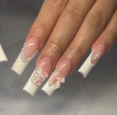 Light Pink Nails Hello Kitty, Light Pink Hello Kitty Nails, Nails K Initial, Hello Kitty Nails Coffin, Sanrio Charm Nails, Hello Kitty Nails Simple, Hello Kitty Almond Nails, Coquette Acrylic Nails, Nails Acrylic Hello Kitty