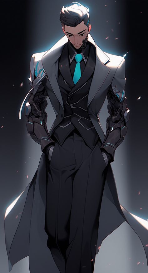 Character Design Male Futuristic, Sci Fi Formal Suit, Sci Fi Business Suit, Starfinder Android Male, Anime Scifi Outfit, Cyberpunk Suit And Tie, Android Art Male, Ice Hero Costume Design Male, Cyberpunk Outfit Art Male