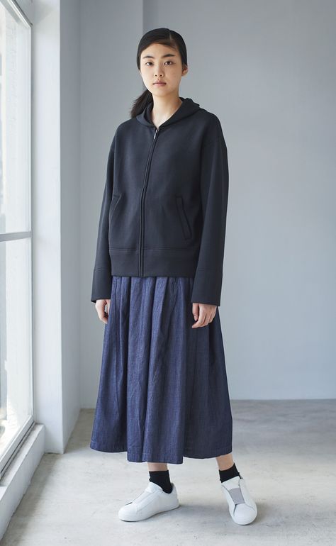 MUJI Labo Women | MUJI Muji Clothes, Muji Style, Stand Collar Shirt, Clothing Photography, Cotton Chinos, Japanese Fabric, Knit Hoodie, Female Poses, Style Women