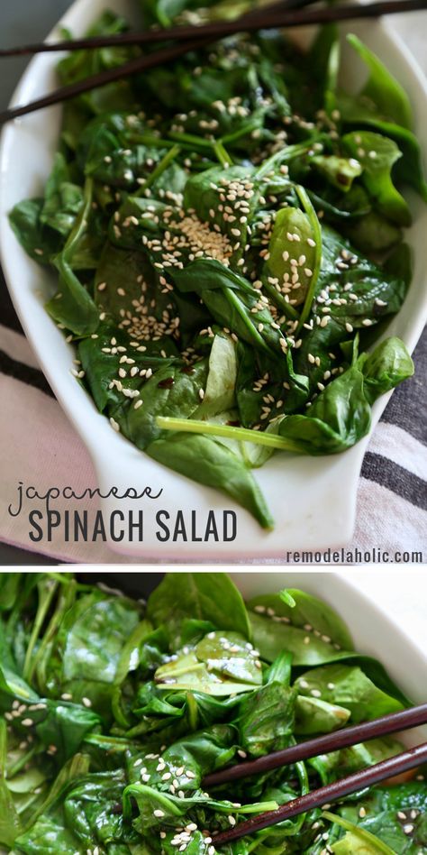 The perfect veggie side for Asian dishes. Try this recipe for Japanese Spinach Salad at Remodelaholic.com Japanese Spinach, Salad Spinach, Japanese Salad, Easy Japanese Recipes, Dinner Salad, Salad Healthy, Japanese Recipes, Spinach Recipes, Japanese Cooking