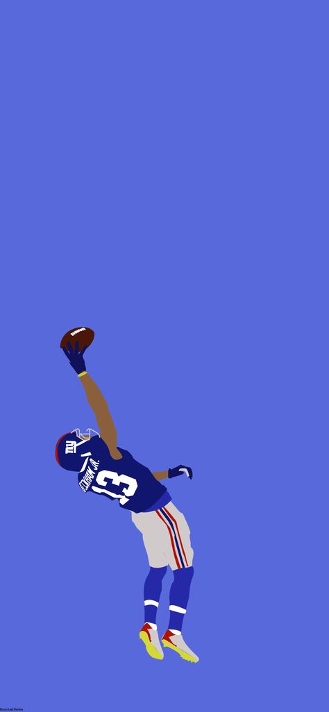 An illustrated wall paper of former Giants wide receiver OBJ and his iconic one handed catch. Obj One Hand Catch, Wide Receiver Wallpaper, Obj Wallpaper Iphone, Obj Catch, Obj Wallpaper, Nfl Photography, Odell Beckham Jr Wallpapers, Players Wallpaper, Nfl Giants