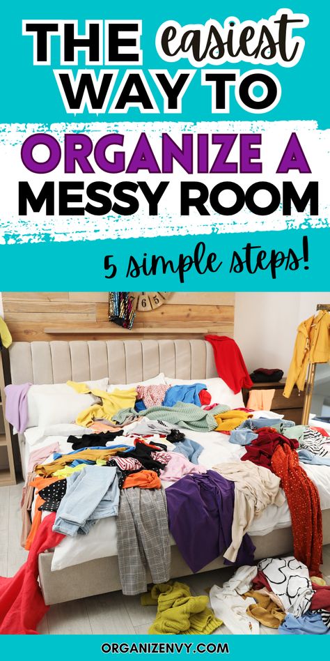 Messy bedroom with clothes piled on the bed and floor. Small Kids Room Organization, Bedroom Space Saving Ideas, How To Clean Bedroom, Bedroom Cleaning Tips, Small Bedroom Organization Ideas, Small Bedroom Inspirations, Keep Your Room Clean, Bedroom Organization Tips, Cleaning Bedroom