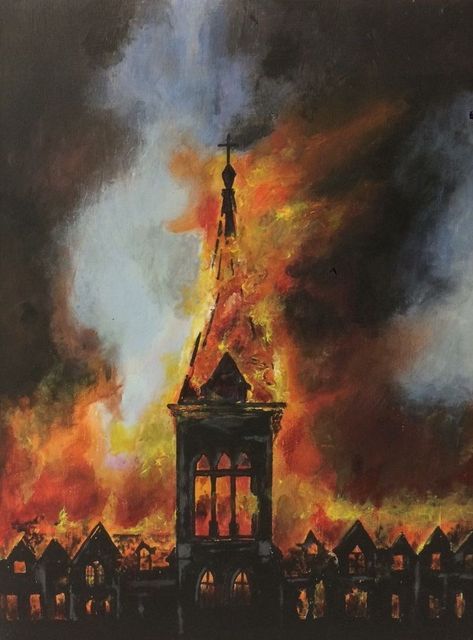 Vampire Burning In The Sun, Burning Church Drawing, Destroyed City Drawing, Church On Fire, Burning Church, Building On Fire, Burning City, Cd Cover Design, Fire Drawing