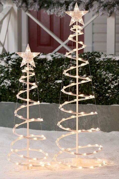 This spiral Christmas Tree outdoor includes two trees 3 and 4 ft. tall. UL listed for indoor and outdoor use. Christmas Tree Outdoor, Glass Cloches, String Lights Inside, Christmas Interior Decor, Spiral Christmas Tree, Christmas Home Decorations, Spiral Tree, Modern Centerpieces, Diy Christmas Village