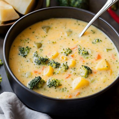 Creamy Cheddar Broccoli Potato Soup is the ultimate comfort food. Perfectly cheesy and loaded with veggies. Ready in under an hour! Cheesy Potato And Broccoli Soup, Panera Broccoli And Cheese Soup, Cheesy Broccoli Potato Soup, Broccoli Potato Soup Recipes, Cheddar Broccoli Potato Soup, August Food, Broccoli Potato Cheese Soup, Broccoli And Cheddar Soup, Potato Cheddar Soup