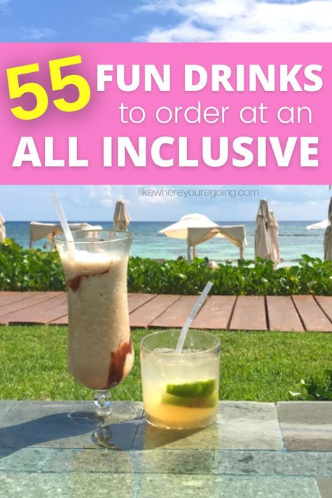 Frozen drinks, most popular cocktails, beach drinks, healthy drinks, low calorie options, shots to order and best drinks for dessert or after dinner. Here are 55 drinks you can order to drink by the beach at your all inclusive resort. Best drinks to order in Cancun, anywhere in Mexico or the Carribbean! Drinks Low Calorie, Low Calorie Options, All Inclusive Mexico, Cancun All Inclusive, Drinks Healthy, Fun Drinks Alcohol, Cancun Vacation, Best Drinks, Cancun Trip