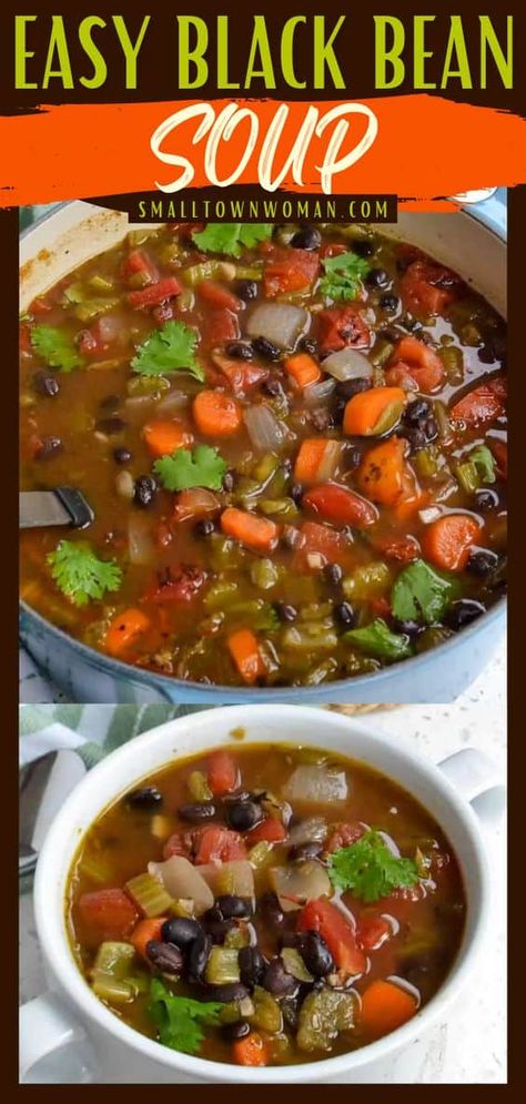 A healthy soup recipe like this easy vegetarian black bean soup is a must-try! Onions, carrots, celery, tomatoes, green chiles, black beans, and cilantro, combined in a vegetable broth make this black bean soup recipe the best. Try it to believe it! Easy Black Bean Soup, Healthy Soup Recipe, Bean And Vegetable Soup, Black Bean Soup Recipe, Plant Based Soups, Bean Soup Recipe, Healthy Nutrition Plan, Carrots Celery, Green Chiles