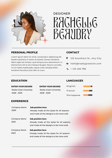 Unlock your potential with a resume that's as unique as you are! Say goodbye to boring black and white and hello to a gradient modern creative CV that showcases your skills and personality. Stand out from the crowd and land your dream job with a touch of artistic flair. Your future starts here! #CareerAdvancement #JobSearch #ProfessionalDesign #PersonalBrand #ImpressiveCVs #CreativeResumes #CanvaDesigns Artist Cv Creative Cv, Graphic Artist Resume, Illustrator Resume Creative Cv, Graphic Design Cv Professional Cv, Artist Resume Creative Cv, Creative Cv, Cv Resume Template, Career Advancement, Marketing Jobs