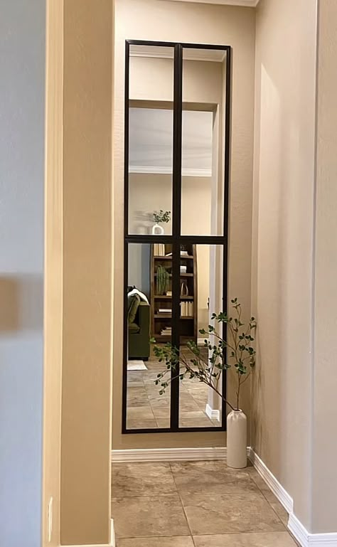 Vertical Mirror Dining Room, Small Flat Hallway Ideas, Mirrors In Hallway Entrance, Long Mirror Hallway, Mirrors In Stairwell, End Of Hallway Mirror Ideas, End Of Hallway Decor Mirror, Stairway Mirror Ideas, Mirror End Of Hallway