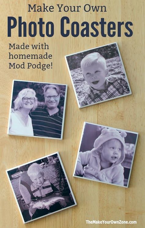 DIY Photo Coasters - The Make Your Own Zone Photo Coasters Diy, Photo Tile Coasters, Diy Photo Coasters, Mod Podge Pictures, Mod Podge Photo Transfer, Mod Podge Diy, Homemade Mod Podge, Ceramic Tile Crafts, Picture Coasters