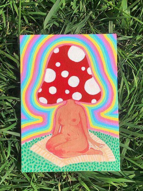 Mushroom Lady Painting, Mushroom Lady Drawing, Mushroom Lady Art, Simple Mushroom Painting, Acrylic Painting Mushroom, Trippy Mushroom Painting, Mushroom Painting Ideas, Mushroom Lady, Bedroom Art Painting