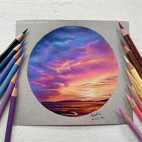 •Hello everyone!🌿 • here’s this lil circle sunset drawing! i really love doing these kinda drawings because of all the blending lol. hope… Sunset Drawing, Drawing Sunset, Prismacolor Art, Colored Pencil Artwork, Colored Pencil Drawing, Art Drawings Sketches Creative, Color Pencil Art, Color Pencil Drawing, Color Pencil