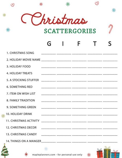 Free Printable Christmas Scattergories (Gifts) Free Printable Christmas Scattergories, Scattegories Christmas Free Printable, Christmas Scattergories Free Printable, Scattergories Lists, Christmas Scattergories, Christmas Crossword Puzzles, Christmas Mad Libs, Christmas Crossword, Thanksgiving Word Search