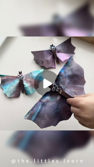 Tara Burns • The Littles Learn on Instagram: "🦇 Coffee Filter Bats!! 🦇 These are the cutest little bats!! 
💜 Follow @the.littles.learn for more fun kids activities!! 🧡

These bats are so easy to make, here are the details:
• Fold a round coffee filter in half and colour one half with dark coloured markers.
• Drop water on the filter, watch the colour spread!!
• Leave to dry and then cut the wing shape.
• Attach a peg (that you have already coloured black 😉)
• Add details like eyes, teeth and little ears!! 

🦇 These would make the cutest Halloween craft and will look adorable on display!!

#thelittleslearn #craftideasforkids #easycraftsforkids #easycraft ##easycrafts #sciencecrafts #steamactivities #activitiesfortoddlers #activitiesforkids #activitiesforchildren #preschoolactivities # Science Crafts, Steam Activities, Coffee Filter, All Kids, Easy Crafts For Kids, Fun Activities For Kids, Cute Halloween, Toddler Activities, Easy Crafts