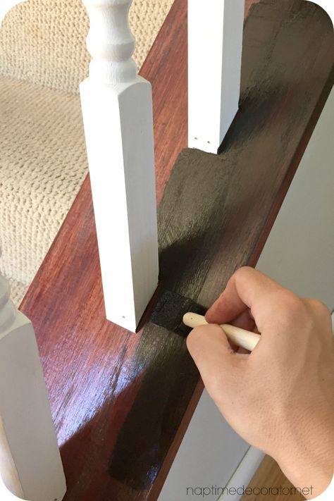 Bye bye Cherry, Helloooo Java: The (EASY!) Banister Makeover Trap Makeover, Banister Remodel, Diy Stairs Makeover, Stair Railing Makeover, Stairs Makeover Ideas, Stairs Renovation, Diy Home Decor For Apartments, Open Trap, Stair Makeover