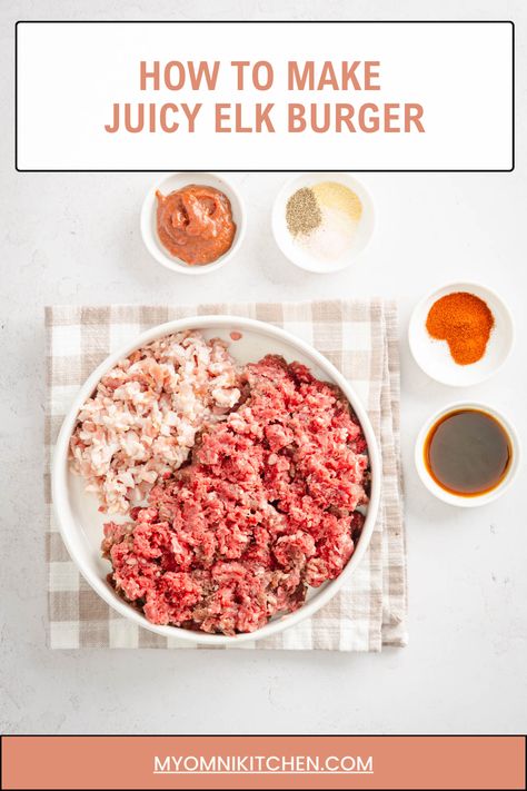 Learn how to make gourmet Elk and Bacon burgers at home with our simple recipe! Juicy, flavorful, and perfect for any occasion.   https://myomnikitchen.com/juicy-grilled-elk-burger-recipe/ Elk Burgers Recipes, Elk Burger Recipes, Elk Burgers, Elk Burger, Burgers At Home, Smoked Bacon Recipes, Bacon Burgers, Game Meat, Bacon Burger