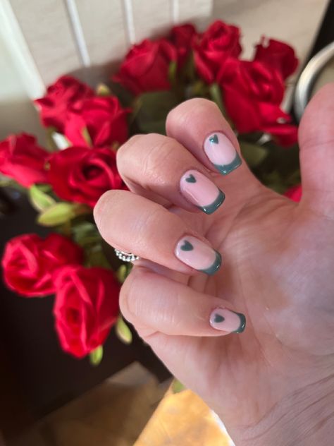 Green gel nails tip and heart design Green French Tip Nails With Heart, Colourful Heart Nails, Green Heart Nails, Confirmation Nails, Pink Shellac Nails, Green Gel Nails, Pink Shellac, Gel French Tips, Shellac Designs