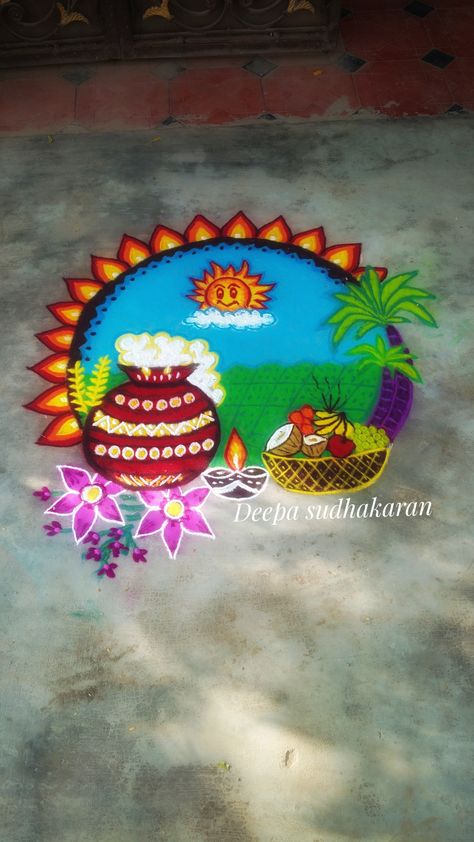 Pongal pot rangoli,sankaranthi rangoli Sankranti Theme Rangoli Designs, Rangoli Colours For Pongal, Pongal Drawing Images, New Sankranti Rangoli Designs, Flower Pot Rangoli Designs, Rangoli Sankranthi Design, Pongal Theme Rangoli, Sankranthi Theme Rangoli Designs, Pongal Kolam Design Rangoli