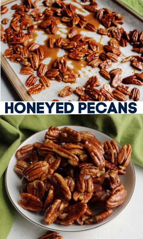 Delicious 4 ingredient candied pecans coated in delicious honey. They are a perfect snack on their own or as a topping for so many things. Honey Roasted Pecans Recipe, Easy Glaze Recipe, Honey Pecans, Roasted Pecans Recipe, Candied Nuts Recipe, Pecan Recipes Easy, Honey Roasted Pecans, Chocolate Covered Pecans, Nut Dessert