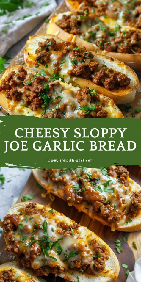 Cheesy Sloppy Joe Garlic Bread is a delicious and easy-to-make dish that combines two comfort food favorites: Sloppy Joes and garlic bread. Fall Party Food Ideas, Cheesy Sloppy Joes, Homemade Sloppy Joe Recipe, Fall Party Food, Homemade Sloppy Joes, Sloppy Joes Recipe, Cheesy Garlic Bread, Yummy Meals, Slow Cooker Beef Stew