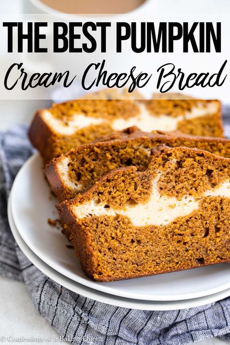 Moist, delicious, and perfectly spiced this pumpkin bread is filled with a cream cheese swirl. This easy recipe for pumpkin cream cheese bread is the perfect fall breakfast or snack. #pumpkinbread #quickbread #pumpkin #pumpkinrecipe #dessert #pumpkincreamcheese #bread Pumpkin Cheesecake Bread Easy, Cream Cheese Swirled Pumpkin Bread, Pumpkin Cheesecake Bread, Pumpkin Swirl Bread, Pumpkin Cream Cheese Bread, Best Pumpkin Bread Recipe, Cream Cheese Swirl, Cream Cheese Bread, Cheesecake Oreo