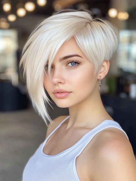 Two Tone Short Hair Color Ideas, Icy Blonde Pixie Hair, Short Asymmetrical Haircut Fine Hair, Shades Of Platinum Blonde, White Pixie Haircut, Platinum Blonde Pixie Cut, Edgy Pixie Hairstyles, Choppy Bob Hairstyles For Fine Hair, Pixie Haircut Ideas