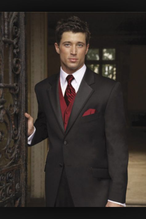 Black and burgundy tux Wedding Tux, A Man In A Suit, Groom Wedding Attire, Man In A Suit, Red Vest, Red Suit, Tuxedo Wedding, Red Tie, Groomsmen Attire