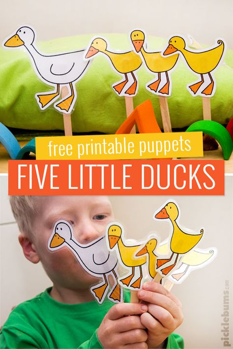 Five Little Ducks Puppets - Free Printable - Picklebums 5 Little Ducks Activities For Toddlers, Nursery Rhymes Preschool Activities Free Printable, 5 Little Ducks Craft, Duck Activities For Toddlers, 5 Little Ducks Activities, Ducks Preschool, Ducks Craft, Spring Baby Animals, Printable Puppets