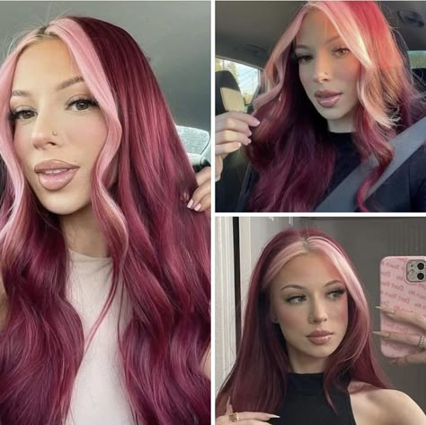 Raspberry Hair Pink Money Piece, Pink Hair With Pink Money Piece, Dark Pink Light Pink Hair, Maroon Hair Pink Money Piece, Pink And Burgandy Hair, Burgandy Hair With Pink Money Piece, Burgundy And Light Pink Hair, Pink Hair With Blonde Front Pieces, Maroon Hair With Pink Money Piece