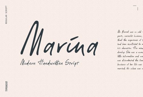 Marina Modern Handwritten Script Modern Script Typeface, Hand Write Font, Font Writing Handwriting, Physical Portfolio, Hand Writing Font, Written Fonts, Popular Script Fonts, Handwritten Typeface, Best Free Script Fonts