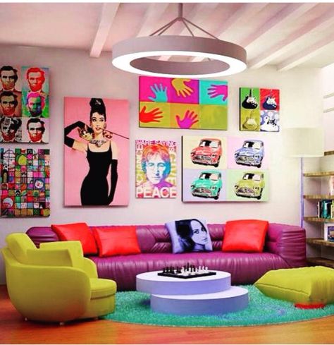 Pop art Retro Room Decor, Pop Art Decor, Retro Living Rooms, Retro Room, Colourful Living Room, Mosaic Artwork, Pop Art Design, Interior Design Art, Pop Design