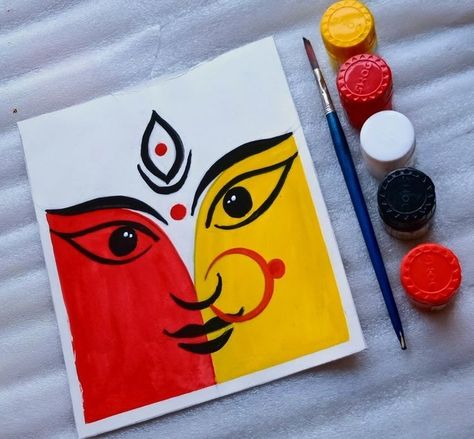 Ma Durga Drawing Easy For Kids, Ma Durga Water Colour Painting, Navaratri Painting Ideas, Easy Durga Puja Drawing, Dussehra Painting Ideas, Durga Maa Pictures Drawing, Dushera Rangoli Designs, Ma Durga Painting Easy, Maa Durga Painting Easy