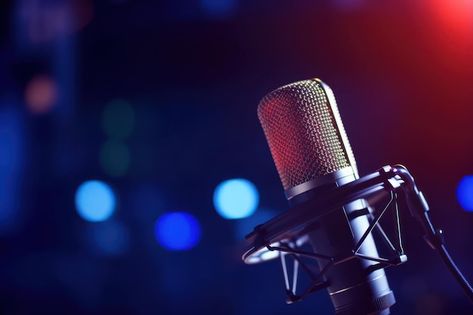 Photo studio podcast microphone on blurr... | Premium Photo #Freepik #photo Podcast Studio Design, Podcast Background, Podcast Image, Podcast Microphone, Neon Background, Podcast Studio, Neon Backgrounds, Allah Photo, Poster Background