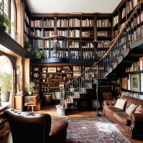 Home Library With Ladder, Victorian Home Library, Library With Ladder, Home Office Library Ideas, Dream Home Library, Beautiful Office Spaces, Building Details, Dream House Aesthetic, Home Library Rooms