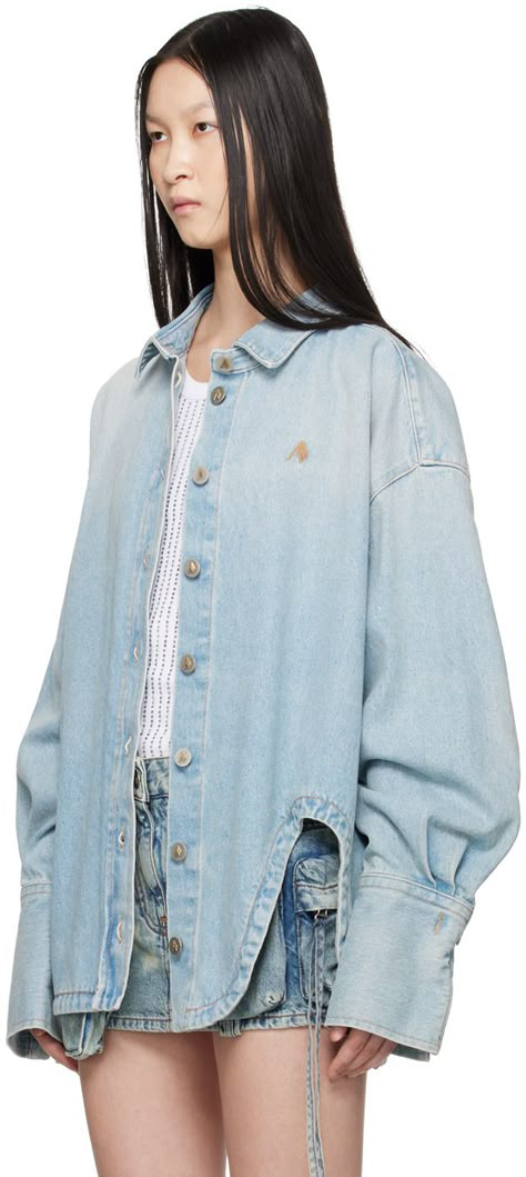 Oversized non-stretch denim shirt. Fading throughout. · Spread collar · Button closure · Logo embroidered at chest · Offset shirttail hem · Dropped shoulders · Pleats at adjustable single-button barrel cuffs · Vent at cuffs · Box pleat at back yoke · Logo-engraved silver-tone hardware · Contrast stitching in tan Supplier color: Light blue denim Shirt Jacket Outfit, Ootd Denim, Denim Shirt Outfit, Oversized Denim Shirt, Drop Shoulder Shirt, Fashion Illustration Sketches Dresses, Womens Denim Shirt, Sketches Dresses, The Attico