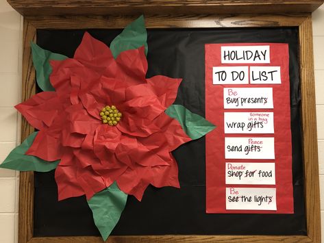 Paper poinsettia Holiday Bulletin Board Poinsettia Bulletin Board, Bulletin Boards Christmas, Paper Poinsettia, Holiday Bulletin Boards, Christmas Door Decorating Contest, Door Decorating Contest, Church Bulletin Boards, Christmas Tree Decorating Themes, Door Decorating