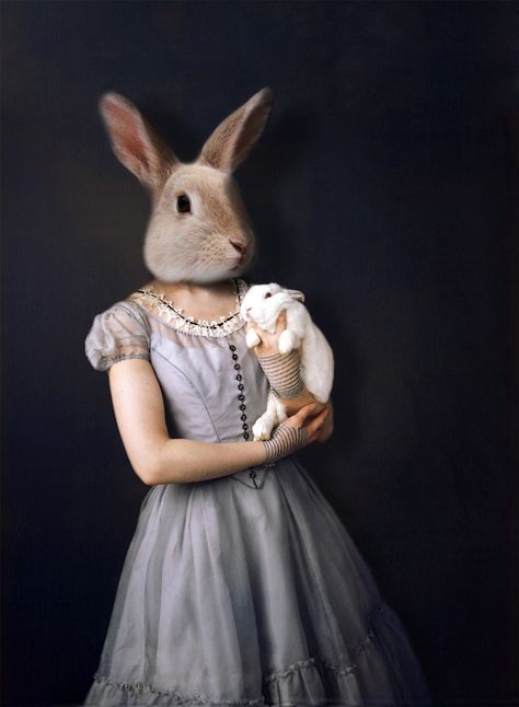 rabbit woman holding rabbit. Which is real? #PretentiousDescription Surreal Photography, Art Partner, Rabbit Head, Rabbit Art, Surrealism Photography, Uk Artist, Fashion Photography Inspiration, Older Fashion, Magpie