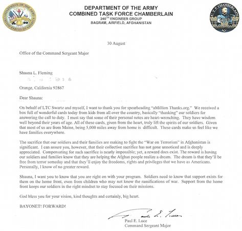 Letter From An Army Command Sergeant Major | A Million Thanks Us Army Deployment Letter, Deployment Letters, Army Letters, Military Letters, Military Billing Format For Gift Card, Military Alphabet, Military Format For Yahoo, Sweet Love Text, Document Sign