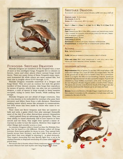 D&D DnD Dungeons and Dragons Shiitake Dragon Fungoid fungi inspired by teh art of Xavier Collette. https://mimicnews.com/artist-creates-imaginative-and-incredible-mushroom-dragons Dnd Homebrew Race Mushroom, D&d Creatures Monsters, Animal Companions Dnd, Dnd Plant Creatures, Food Monsters Dnd, Dnd 5e Creatures, Mushroom Dnd Character Sheet, Mushroom Folk Dnd, Fey Wild Dnd