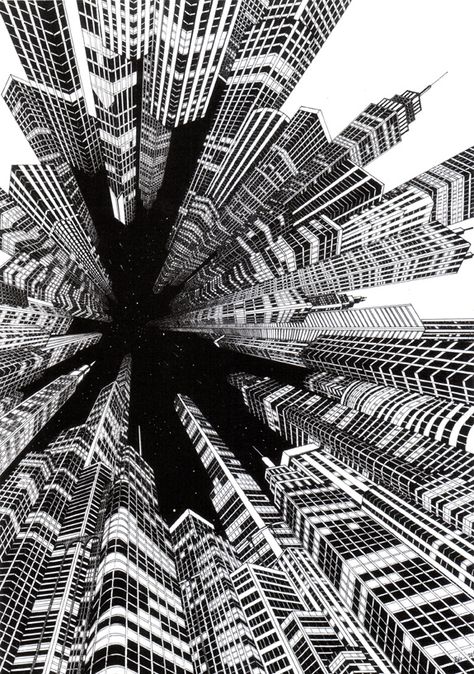 Focal Point Skyscraper Doodle, Cityscape Artwork, Focal Point Art, Perspective Art, Principles Of Design, Perspective Drawing, Poster Designs, Black And White Illustration, Malbec