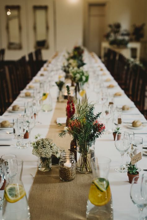 Native Table Setting, Fynbos Wedding Table Settings, Australian Native Christmas Table, Australian Native Wedding Decorations, Long Wedding Table Decorations, Long Table Decorations, Lunch Table Settings, Christmas Decorations Australian, Hessian Table Runner