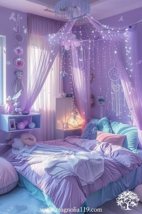 For inspiring girls' bedroom ideas, you’ve come to the right place. We’ve curated designer examples that are both stylish and functional Aqua Purple Pink Bedroom, Blue And Purple Bedroom Decor, Light Purple Aesthetic Room, Purple Fairy Room, Blue And Purple Girls Bedroom, Blue And Purple Bedroom Ideas, Pastel Purple Room, Pastel Blue Room, Pastel Purple Bedroom