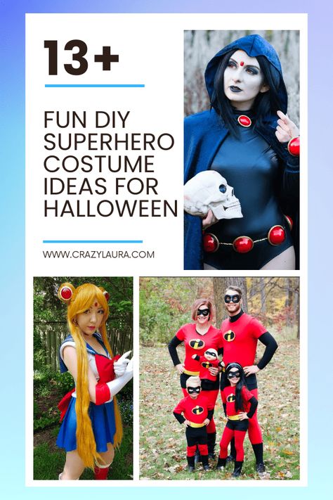 We've got 15 incredible DIY superhero costume ideas that are all about making you feel like the hero you are this halloween. #Halloween #Costume #Ideas Funny Super Hero Costumes, Made Up Superheroes, Super Hero Duo Costumes, Heroes And Villains Halloween Party, Hero's Vs Villains Spirit Week, Female Superhero Cosplay, Diy Super Hero Costumes For Women, Easy Super Hero Costumes, Comic Con Outfit Ideas