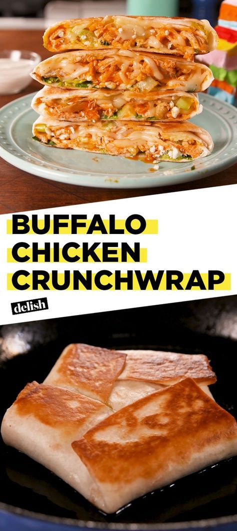 3 WORDS: Buffalo. Chicken. Crunchwrap. Get the recipe at Delish.com. #delish #easyrecipe #recipe #crunchwrap #tacobell #buffalochicken #chicken #buffalo #hotsauce Chicken Crunchwrap, Buffalo Recipes, Crunchwrap Recipe, Chicken Buffalo, Timmy Time, Buffalo Sauce, Taco Bell, Sandwiches Wraps, Buffalo Chicken