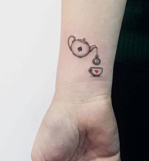 Magic Teacup Tattoo, Alice Teacup Tattoo, Mini Alice In Wonderland Tattoo, Alice In Wonderland Tattoo Teacup, Cute Teacup Tattoo, Teapot And Cup Tattoo, Cat In Teacup Tattoo, Tea Party Tattoo Ideas, Tiny Teapot Tattoo