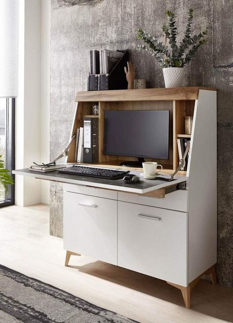 Hideaway Computer Desk, Modern Office Design Inspiration, Hidden Desk, Tiny Home Office, Home Office Closet, Home Office For Man, Office Design Inspiration, Home Office Layout, Small Home Offices