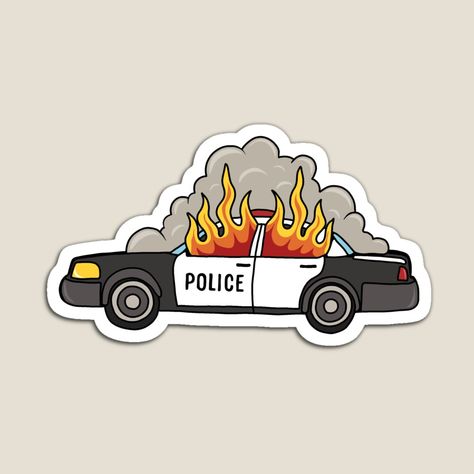 Burning Cop Car Drawing, Cop Car Drawing, Cop Car On Fire, Burning Cop Car, Police Car On Fire, Graffiti Car, Burning Car, Police Stickers, Magnet Art